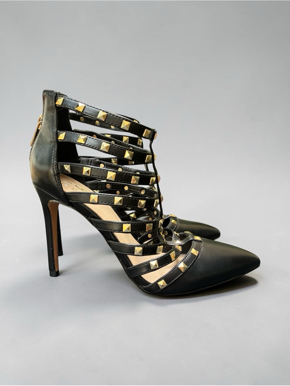 Mix No. 6 Black Strappy Pointed Toe Heels with Gold Studs